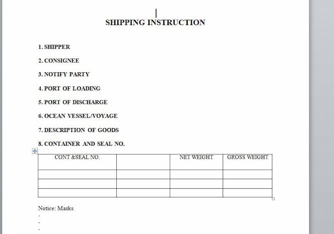 Mẫu SI (Shipping Instruction) tham khảo